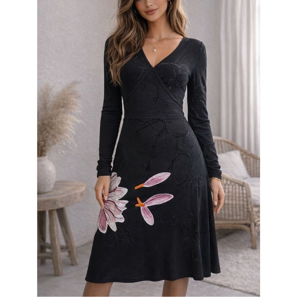 Desigual Black Floral Appliqué Long Sleeve Midi Dress Size S Artsy Boho
